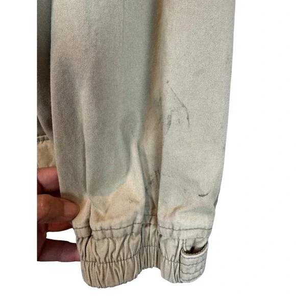 Vintage Tan Canvas Utility Jacket Denim Collar Utility Pockets Tool Straps Large - Picture 9 of 14